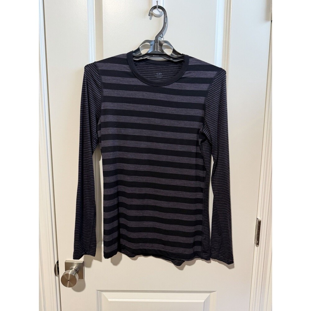 Icebreaker Womens Large Merino Wool Striped Long Sleeve Base Layer Black Gray